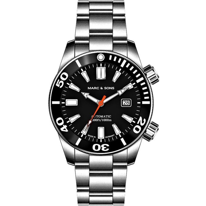 Marc & Sons Professional Automatic Diver Men's Watch 46mm Black Bezel/Black Dial/Orange S-Hand MSD-028-24S2 - Click Image to Close